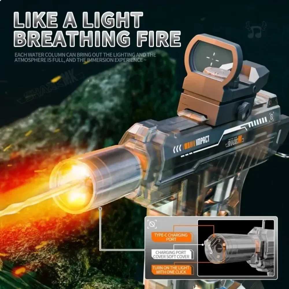 UZI 전동 물총 LED 조명 반동 장거리 연속 발사 물 블래스터 어린이 장난감 여름 해변 야외 놀이