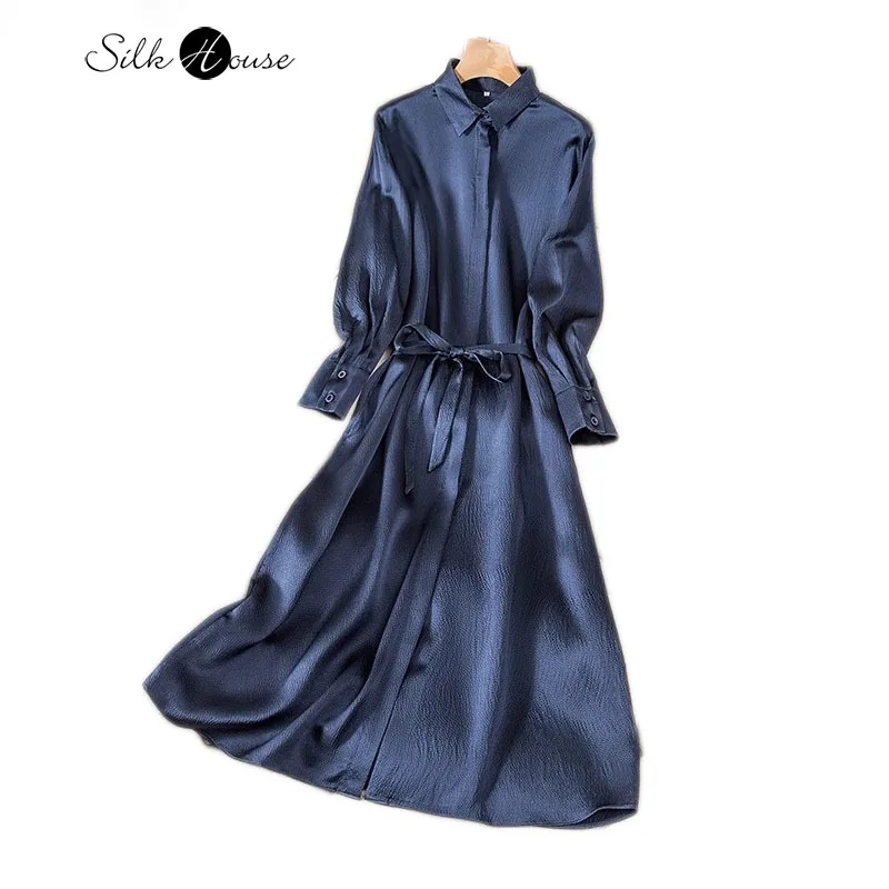 2024 Women\'s Autumn New 100% Natural Mulberry Silk Pearl Satin Turn-down Collar Deep Blue Shirt Style Long Sleeve Party Dress