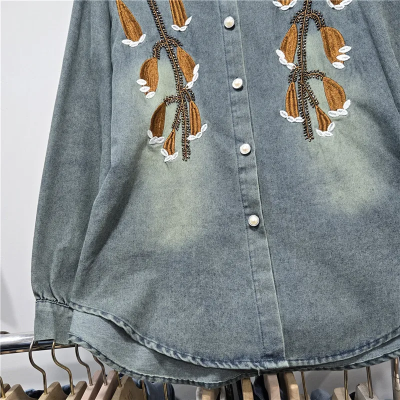 ANJY 2026 Spring New Women European Fashion Elegant Embroidered Design Denim Shirt Unique Chic Ins Beautiful Trend Casual A18341