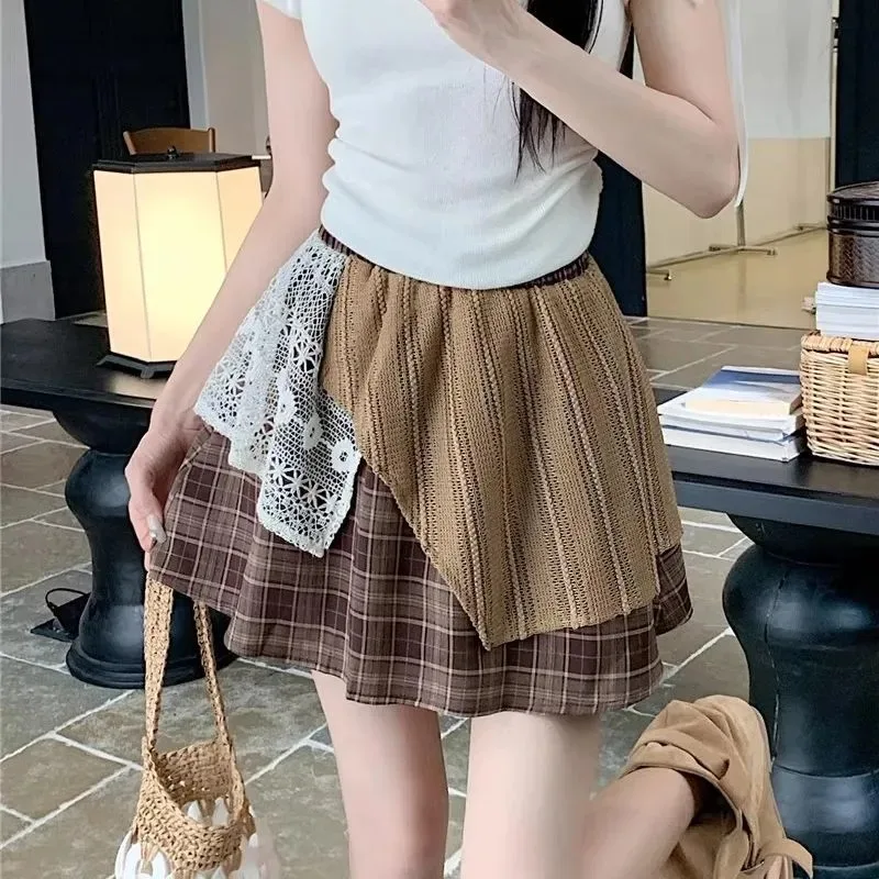 

Vintage Plaid Women Skirt Patchwork Lace A-line Saia Fashion Jupe 2026 Faldas Mujer De Moda Casual Irregular Summer Mini Skirts