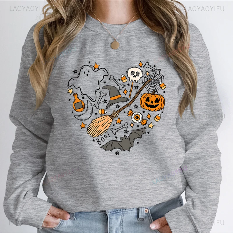 Fall Sweatshirt Women Heart Pumpkin Skeleton Ghost Print Halloween Gifts Funny Halloween Style Pumpkin Lady Harajuku Streetwear