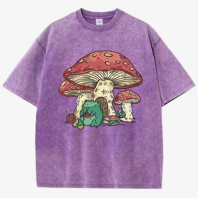 Netter Frosch Kinting Pilz Drucke Frauen gewaschenes T-Shirt lässige Baumwolle T-Shirts weiche lose Kleidung Vintage Sommer kurze Ärmel