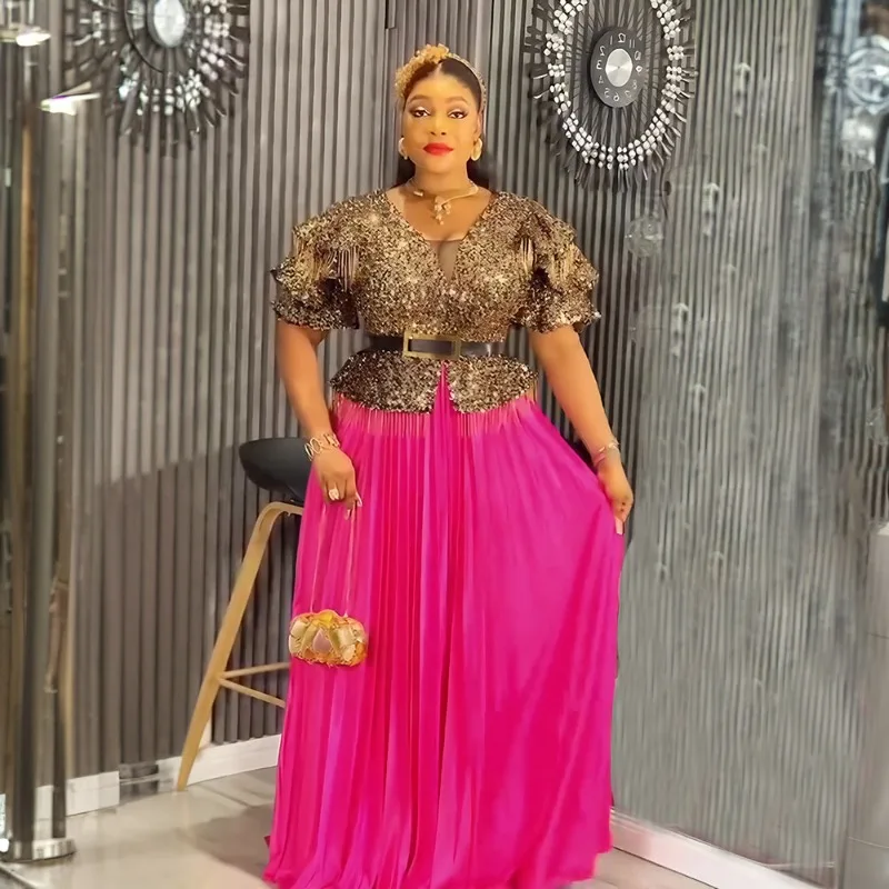 케수 플러스 사이즈 아프리카 여성용 스팽글 롱 맥시 드레스 반팔 브이넥 우아한 밑단 주름 빅 스윙 파티 드레스 두바이