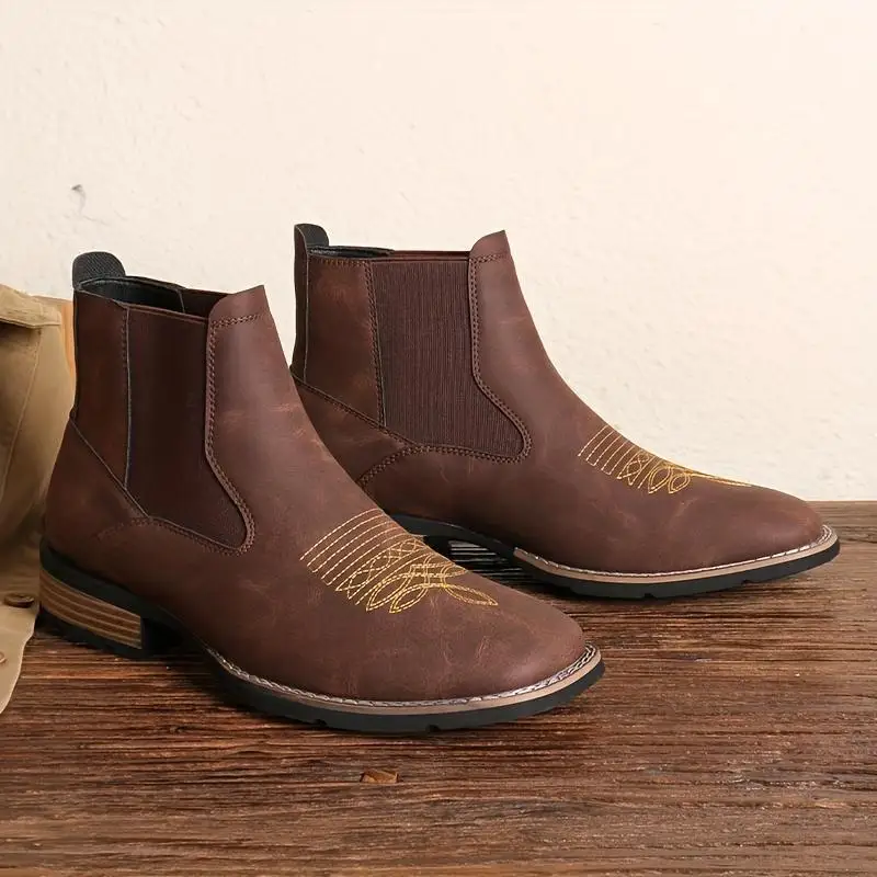 Men's embroidered leather shoes, outdoor comfortable and breathable high-top leather boots