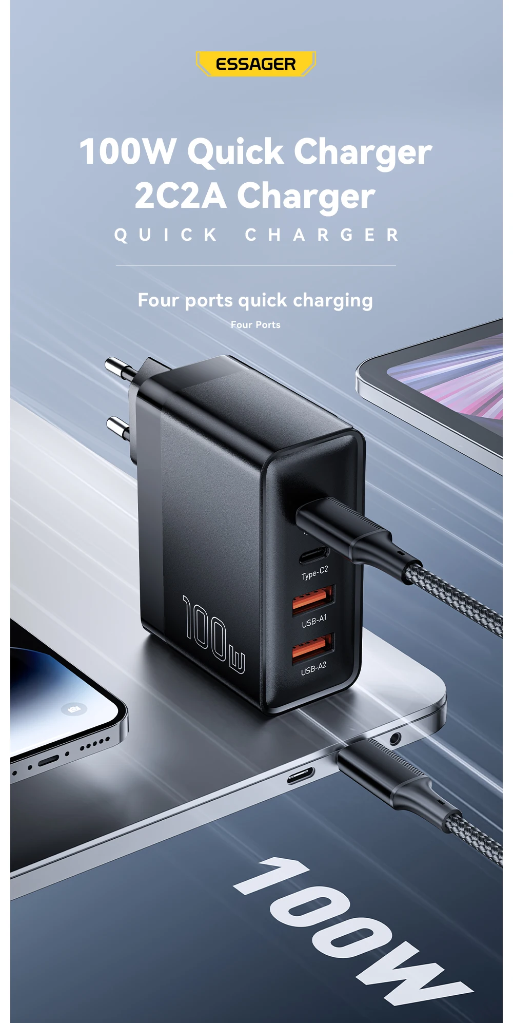 Essager 100W USB Type C Charger 65W PD3.0 Fast Charger with Quick Charge 4.0 3.0 USB Phone Charger For MacBook Laptop Smartphone