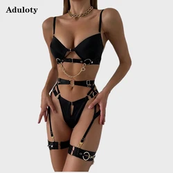 Aduloty Women's Sexy Lingerie Chain Decorative Erotic Underwear Bra Garter Thong Hollow Perspective Nightclub Temptation Set