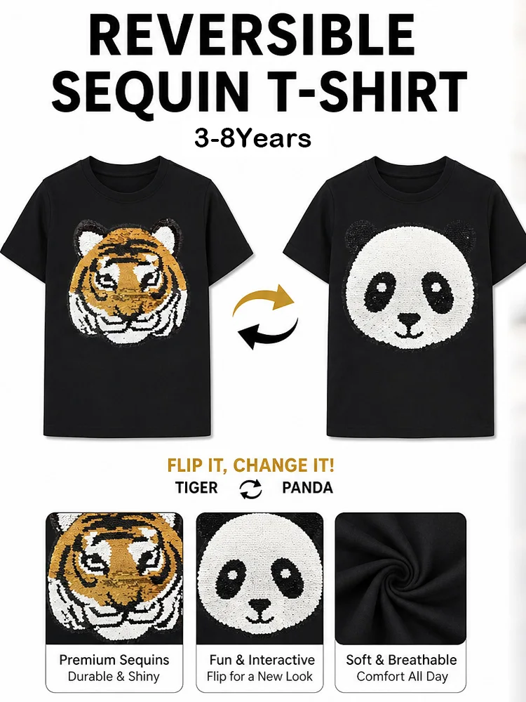 Little Hand Toddler Boys Flip Sequin Tee Cotton Short Sleeve T-Shirts Tiger Panda Tops for 3-9Years Kids Summer Casual Top