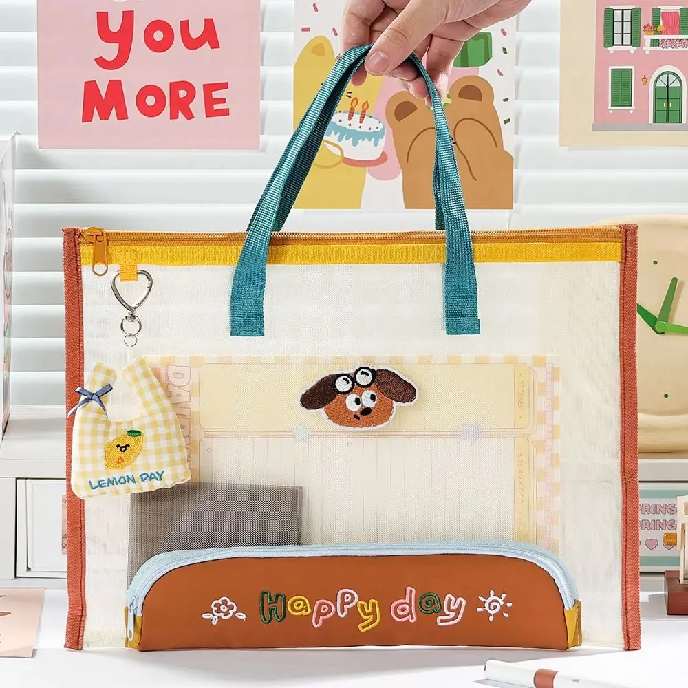 Kawaii Mesh Document Bag Clear Visible Handheld File Bag with Pencil Case Tuition Bag School Office view 2