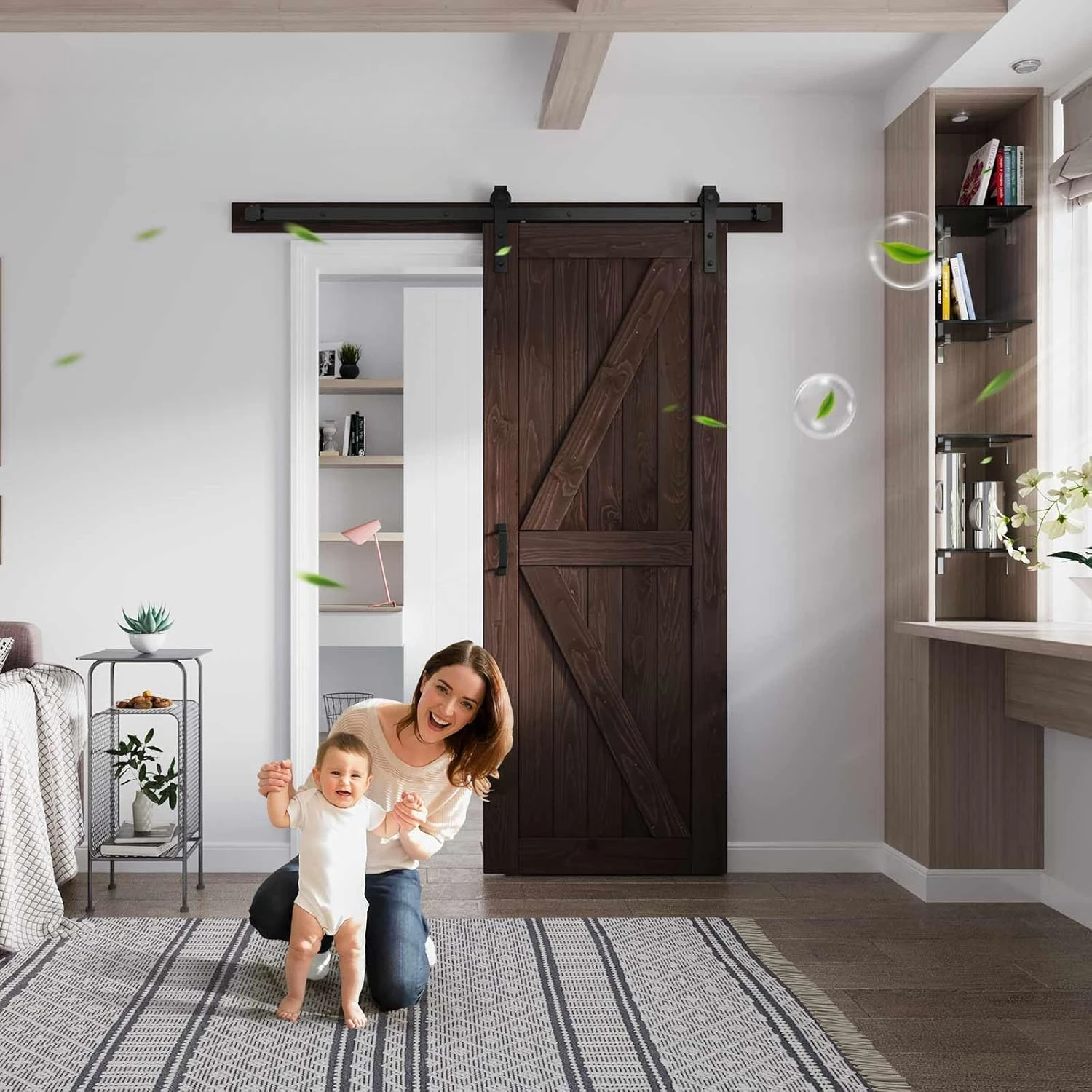 Barn Door Hardware Track Kit Included, Double Surfaces,Simple Assembly is Required,K-Frame,Coffee