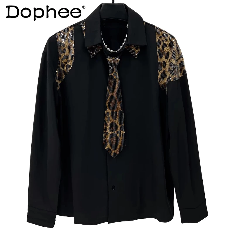 

Men's 2025 New Trendy Handsome Loose Tie Shirts Bling Bling Sequin Leopard Print Long Sleeve Shirt Male Stylish Loose Chic Tops