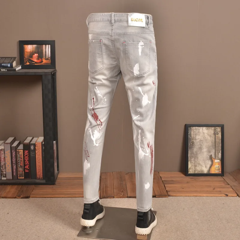 Summer Thin-Style Gray Ripped Jeans Men's Fashionable Stretch Tight Feet High-End Spray Paint Patch Casual Trousers