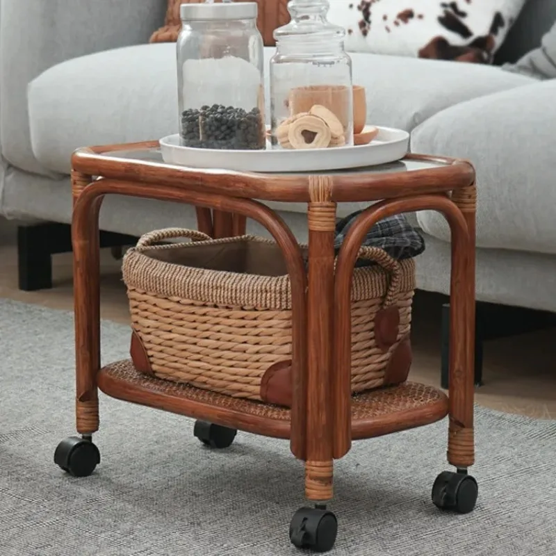 Wicker Side Table with Storage, Japanese Retro Rattan Mobile Tea Table Nightstand for Living Room Bedroom Balcony