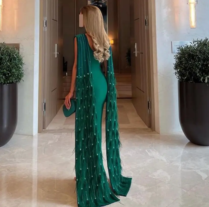 Luxury Mermaid Evening Dresses O-Neck Prom Dresses Feathers Floor Length Saudi Arabia Women\'s Formal Request Party Wedding