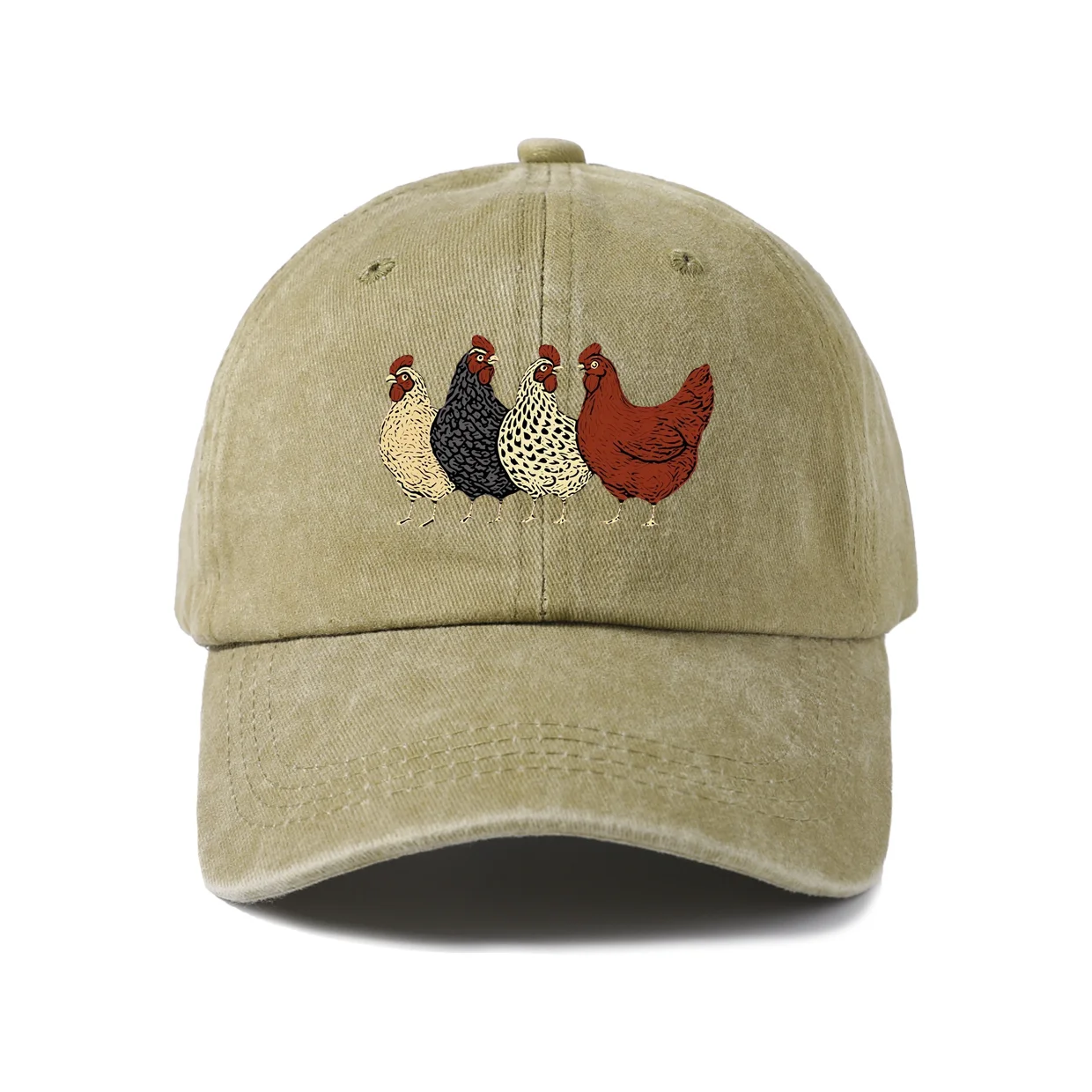 Colorful Chicken Trio Graphic Baseball Cap, Vintage Washed Adjustable Unisex Dad Hat, Everyday Gift