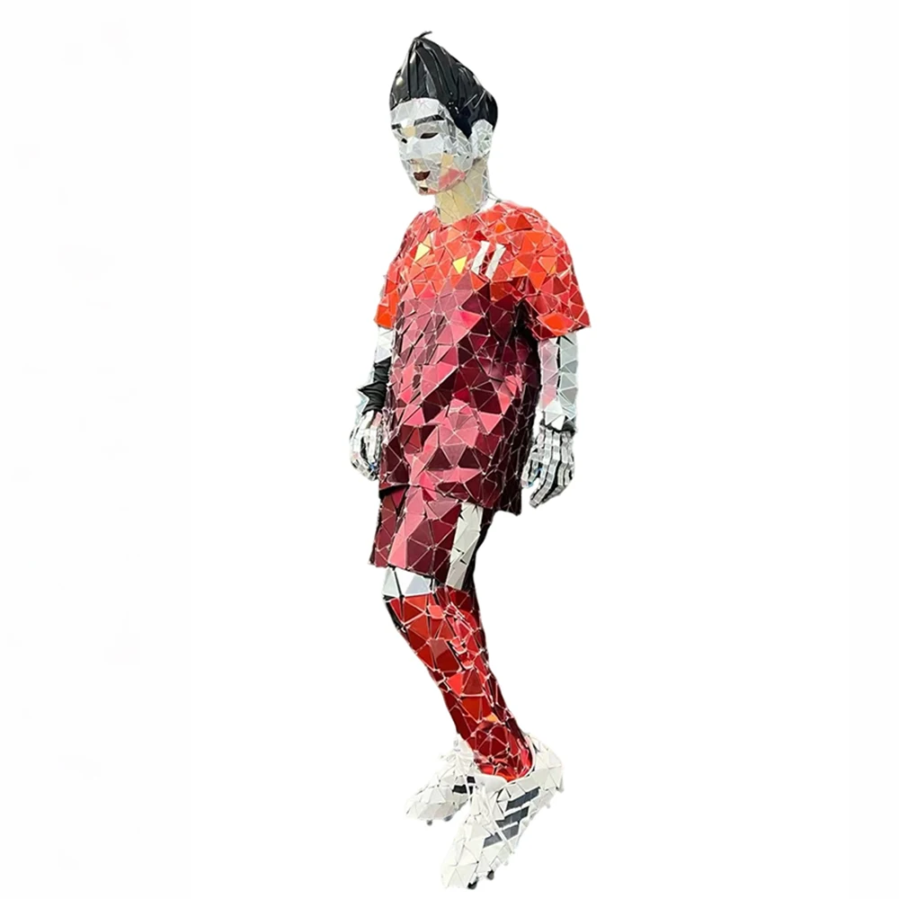 Blauw-wit gestreepte handen genaaide acryl spiegelmozaïek voetbal sportset geometrische lens sterspeler stijl atletische outfit