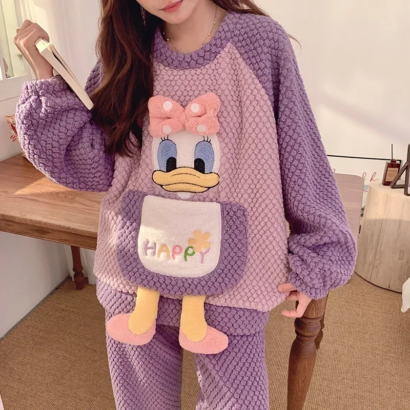 Disney Donald Duck Pyjamas Flugzeughals Langarmhosen Warmes zweiteiliges Set Disney Loungewear Donald Duck Damenpyjamas