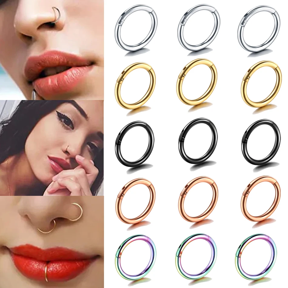 1Pc Steel Hinged Segment Nose Rings Body Clips Hoop Ear Tragus Septum Cartilage Piercing Jewelry for Women Men Girl Gift 12G-20G