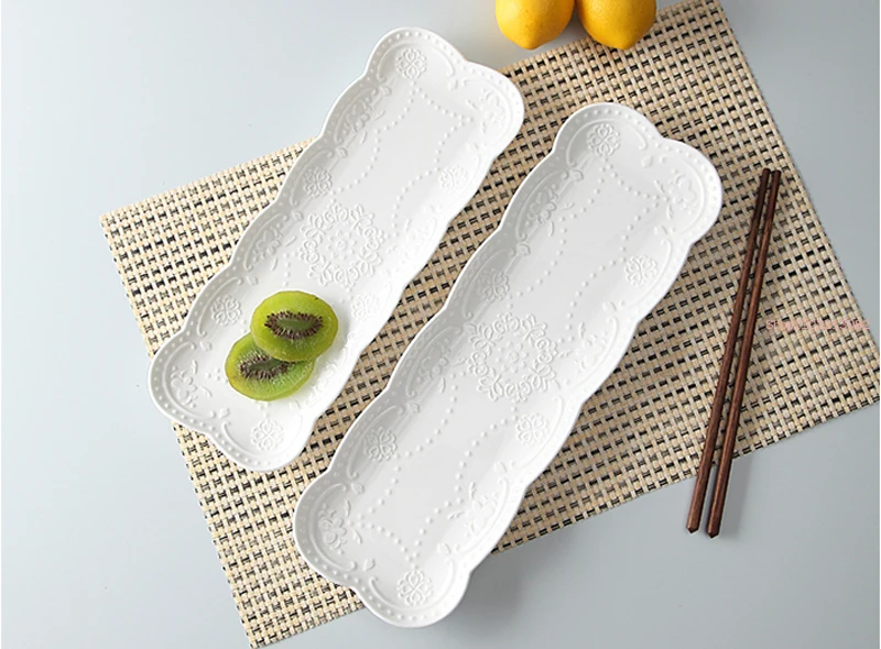 10inch, White Embossed Porcelain Vintage Plate for Buffet Serving, Ceramic Japanese Plates Sushi, Dinnerware for Sushi, Square