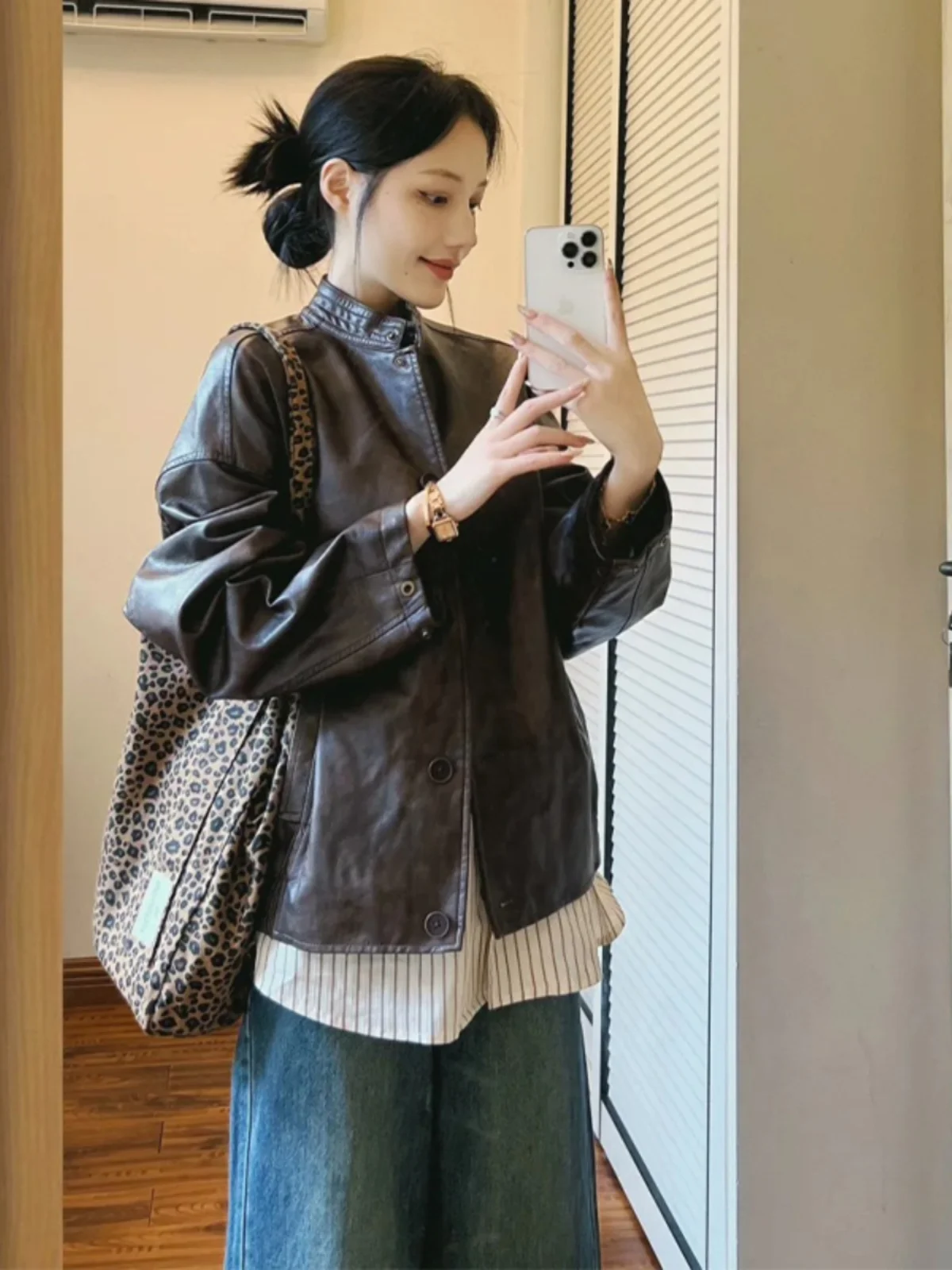 

Retro ort Jaet Top Loose Versatile Stand Collar PU Leather Coat for Women Autumn Winter New Arrival Straight Tube pe