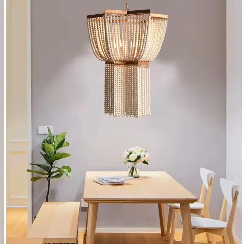 Vintage Gold Wooden Beads Chandelier Living Room Bedroom Bohemia Pendant Lighting French Large Beads Chandeliers Elegant Lamps