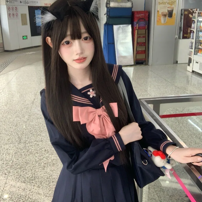 JK Uniform Sailor Suit Genuine Japanese College Style Basic Student Long-short-sleeved Suit Cyan Cute Role Play Summer Cyan