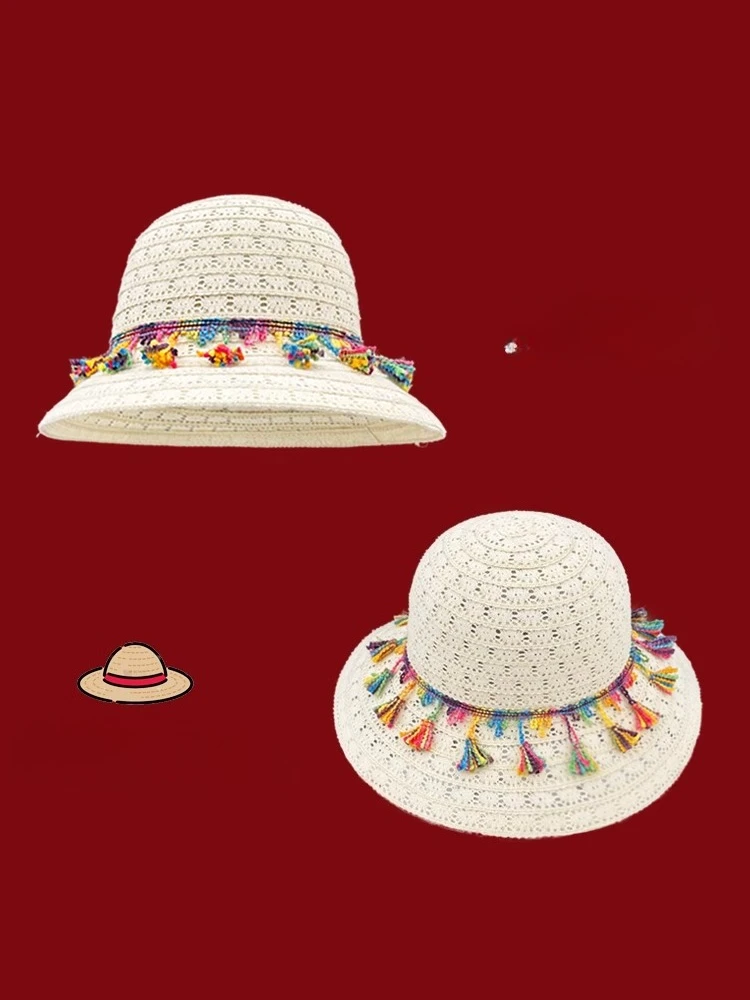 

Dopamine Color Fringed Lanyard Straw Hat Summer Sunshade Sun Protection Beach Hat Travel Vacation Leisure Tide Hats for Women