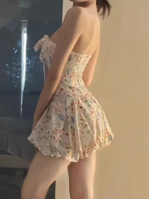 

Pure Desire Sexy Girl Sexy Outfit Set Unique Half Skirt Tube Top Two Piece Set Summer Floral Knot Waist Cinched Dre...