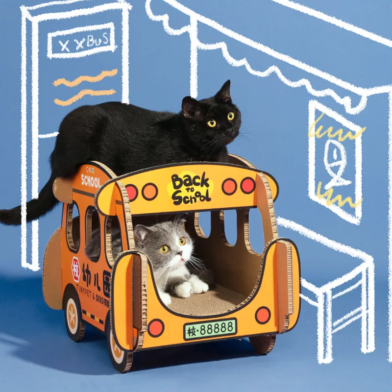 Kindergarten School Bus Cat Scratching Board Double Decker Bus Corrugated Paper Cat Nest Car Cat Claw Board Toy