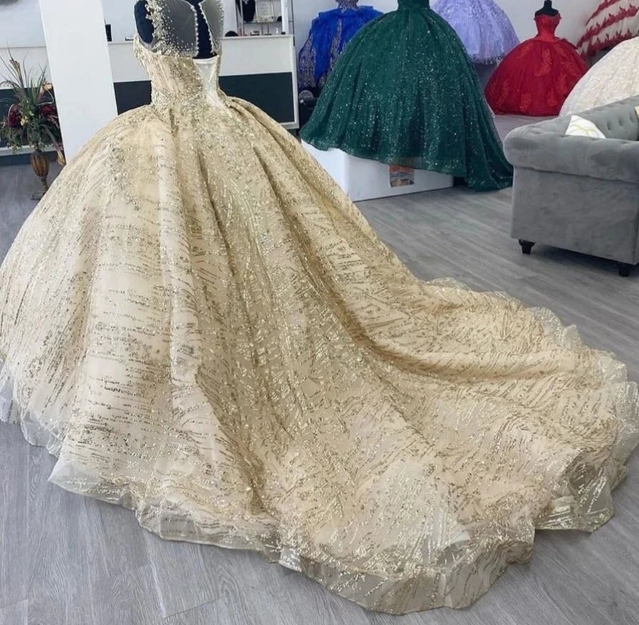 Vestidos Princesa Quinceanera, Vestido de baile Champanhe, Renda Pura, Faísca Frisada, Doce 16 Vestidos, 15 Anos, Mexicano