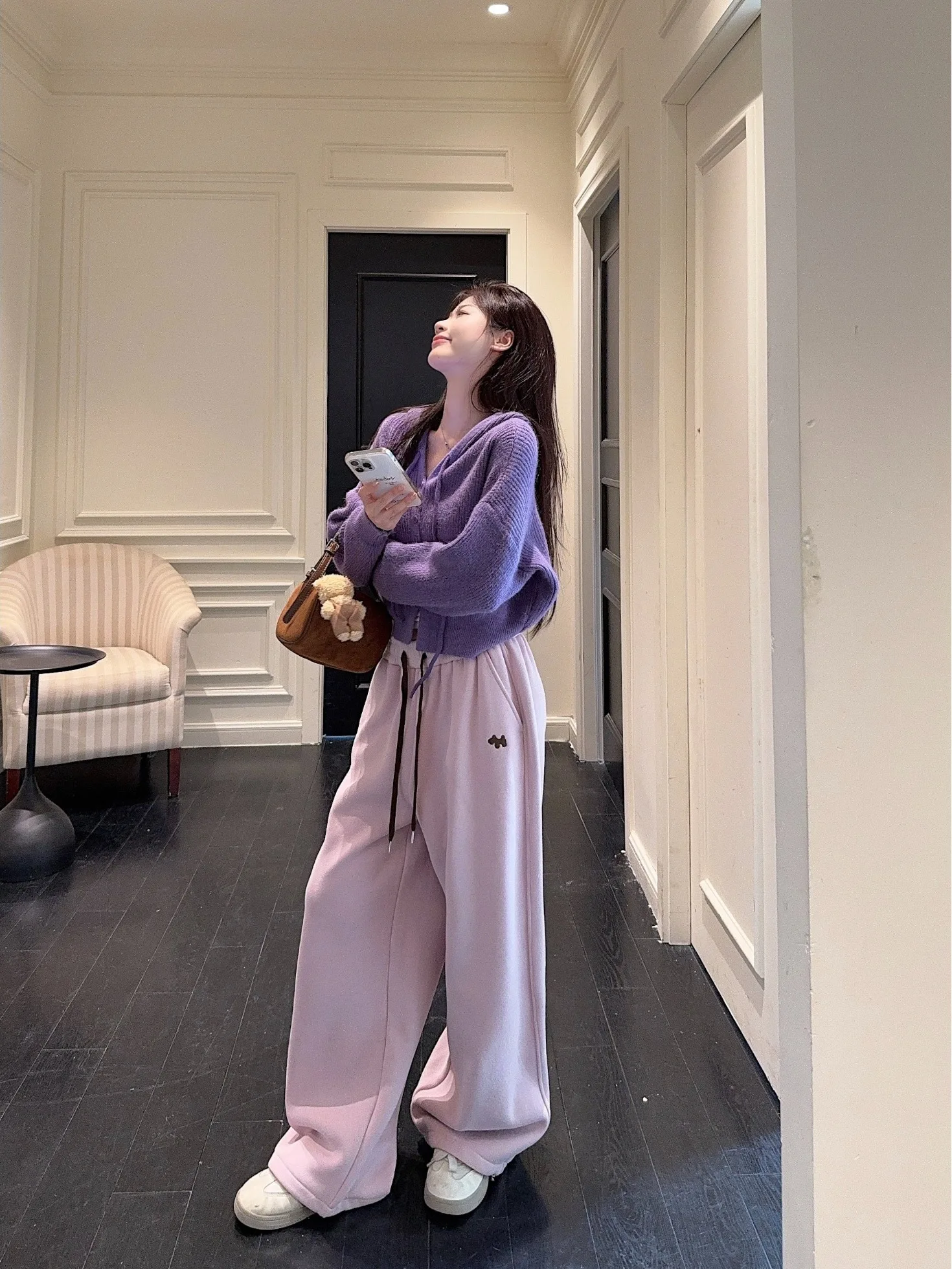 

Lavender Lazy Style Women's Spring 2026 New Hooded Sweater Cardigan High Waist Fleece Lined Pants Two Piece Set Fashionable