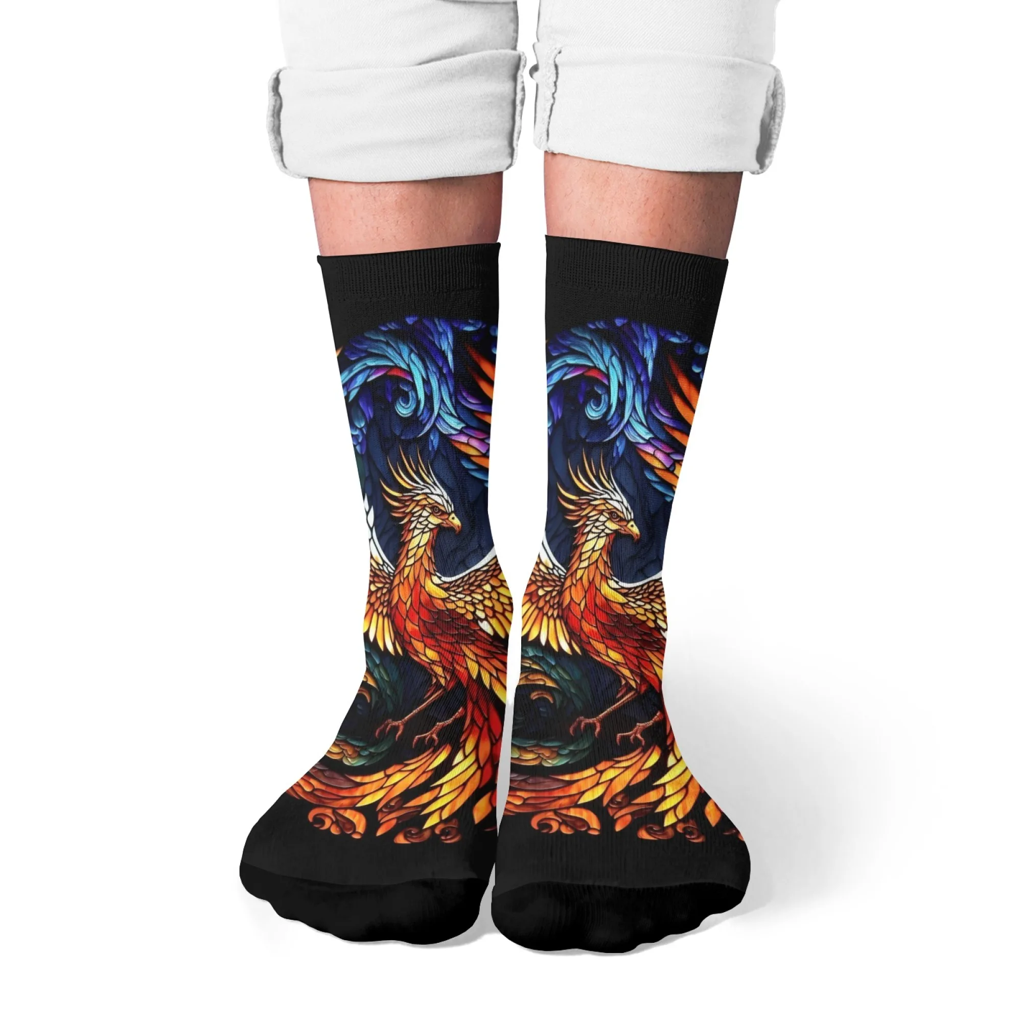 Vintage Stained Glass Style Phoenix Crew Socks Classic Artistic Casual Socks for Men Women Breathable Soft Warm Fashion Socks