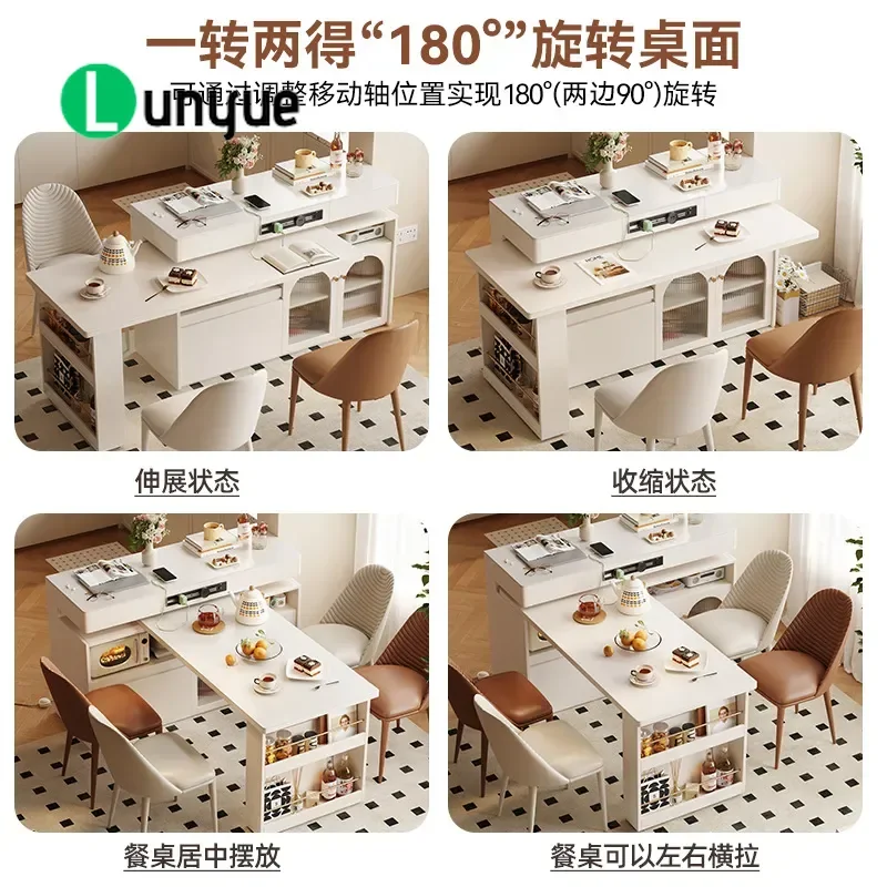 Modern Cream Style Solid Wood Island Dining Table with Retractable Rock Slab Top Rotating Multi Functional Bar Table for