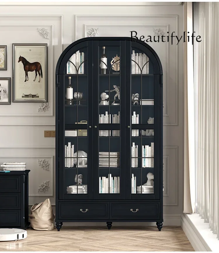 American-Style Arched Bookcase with Glass Door Solid Wood Vintage Bookshelf Wall-Mounted Living Room Bookcase