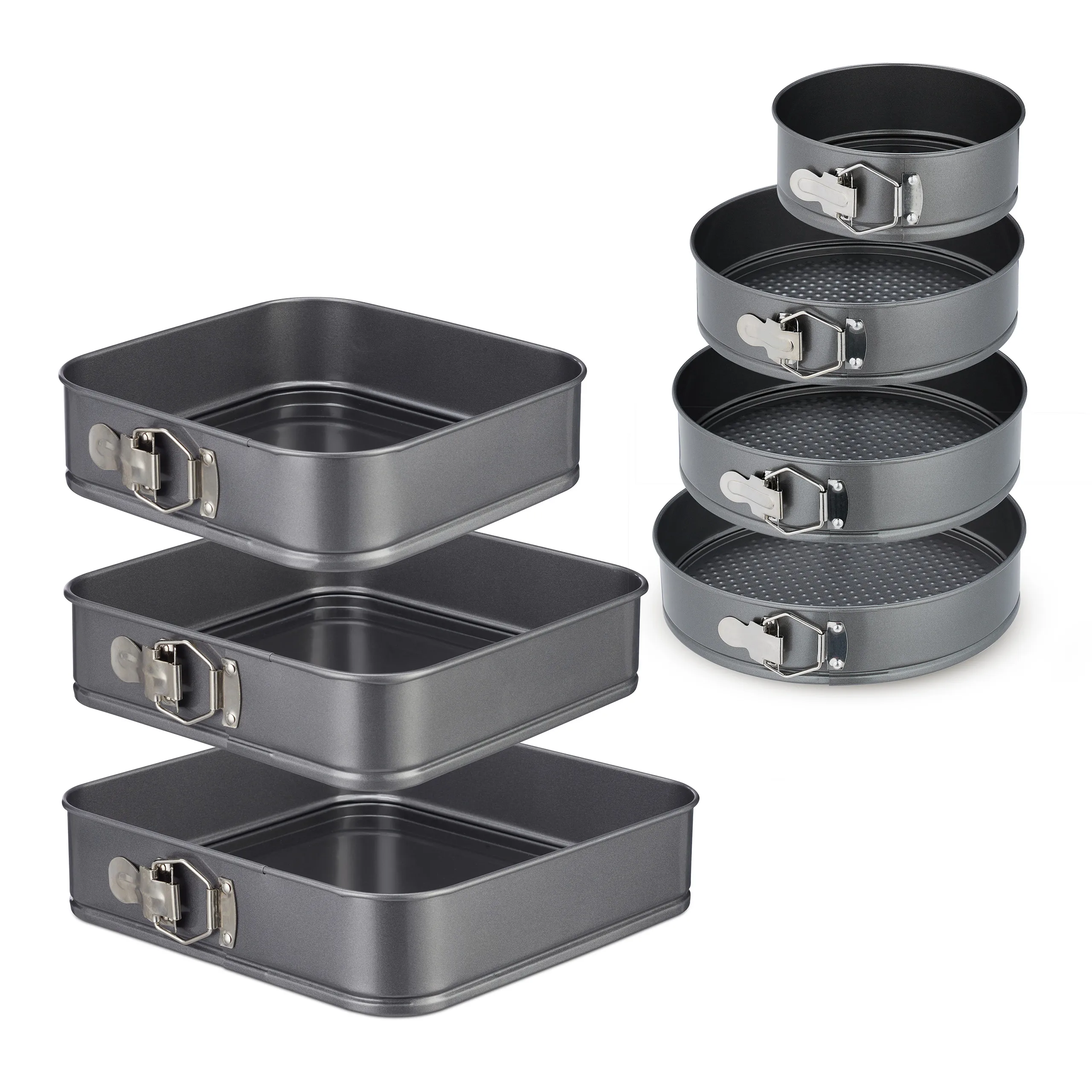 Springform-Set, 7-teilig, rund und quadratisch, für Kuchen und Torten, Stahl, Antihaftbeschichtung, anthrazit, 18 bis 28 cm, Backformen, Relaxdays