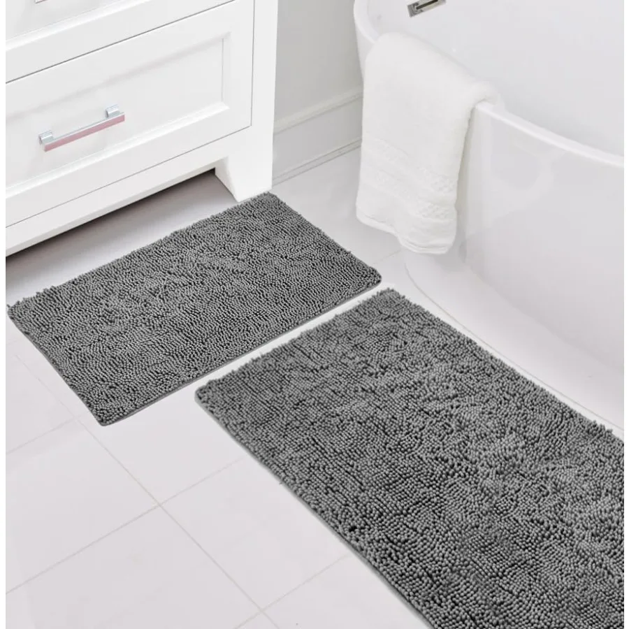 

Chenille Bath Rug and Bath Pillow Bath Rug Size 24x17 and Size 36x24 in Gray 2 Item Bundle