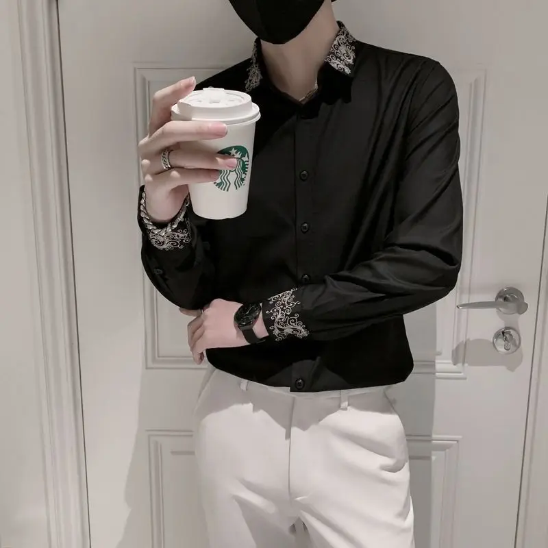 Spring Autumn New Fashion Turn-down Collar Long Sleeve Embroidery Blouse Men\'s Clothing Button Casual Korean All-match Thin Tops