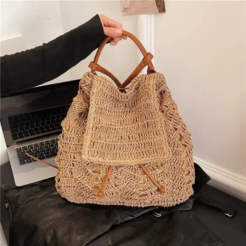 Concise Large Capacity Straw Weaving Hollow Out Drawstring Backpacks 2025 New High Quality Versatile Commute Student Backpacks