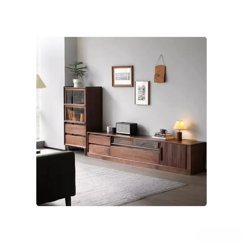 Solid wood TV cabinet, black walnut vertical cabinet, multi-functional household small apartment living room