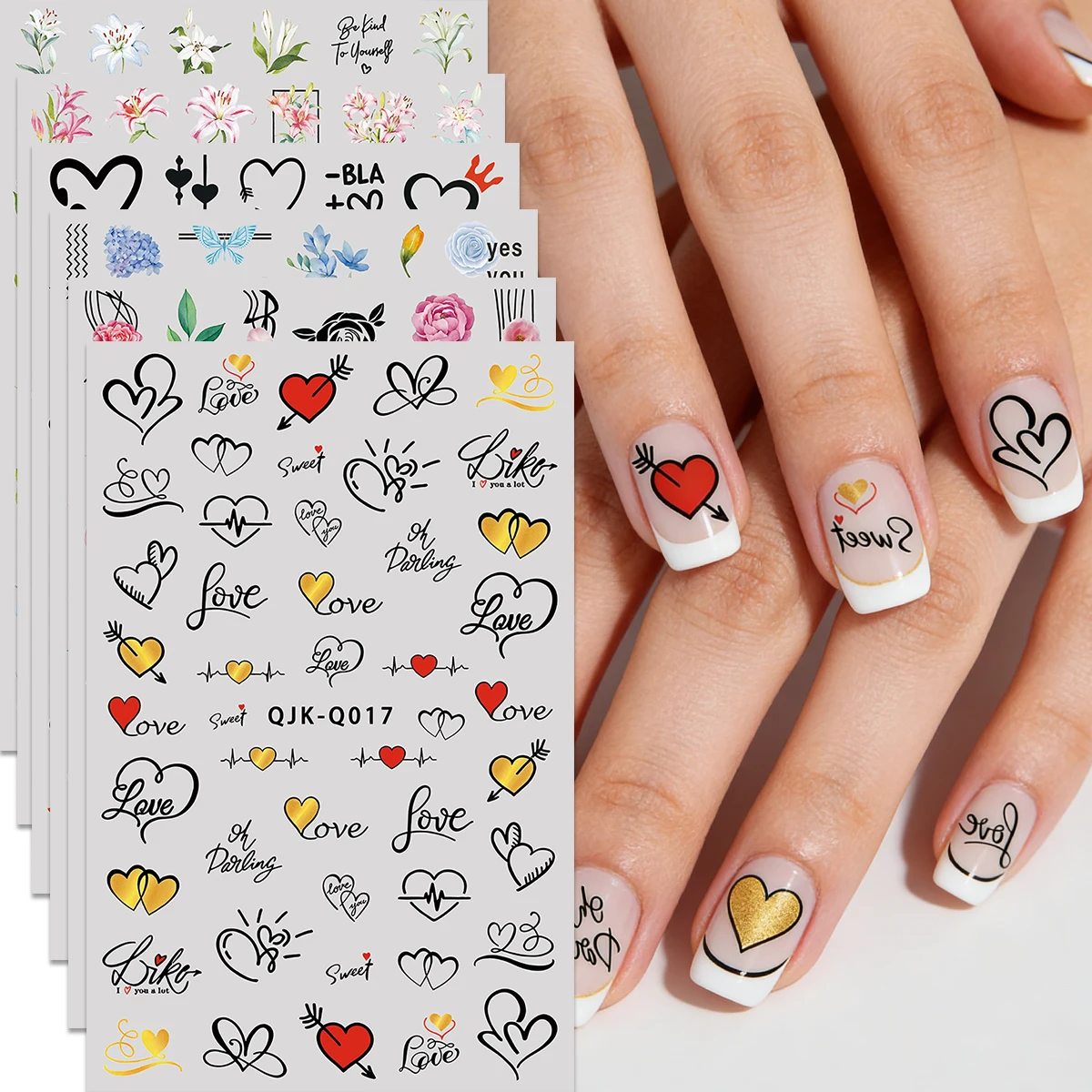 6 Stück moderne, kreative Nagelaufkleber, mehrfarbige Herz- und Blumen-Aufkleber, DIY-Maniküre-Dekor für Valentinstag, Frühling, Hochzeit