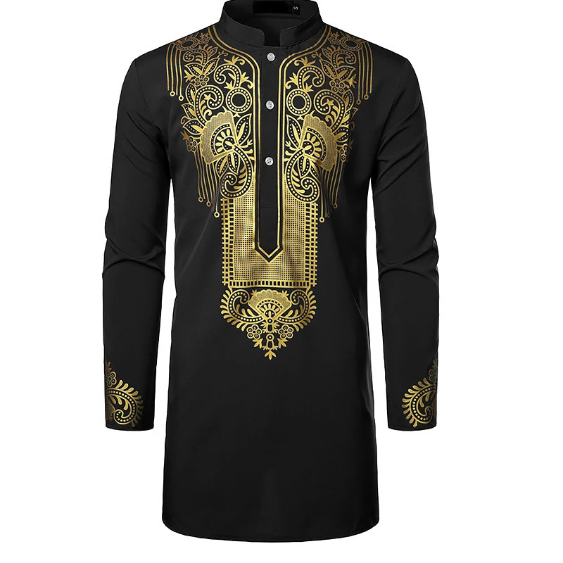 Muslim 2023 New Casual Islamic Arabic Abaya Robe Cosplay Ethnic Print Stand Collar Youth Mid-Length Shirt Coat Men Costumes