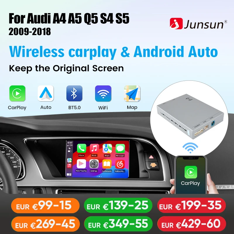 Junsun Wireless CarPlay adattatore interfaccia Auto Android per Audi A4 B8 A5 Q5 S5 2009-2015 con collegamento specchio AirPlay Bluetooth
