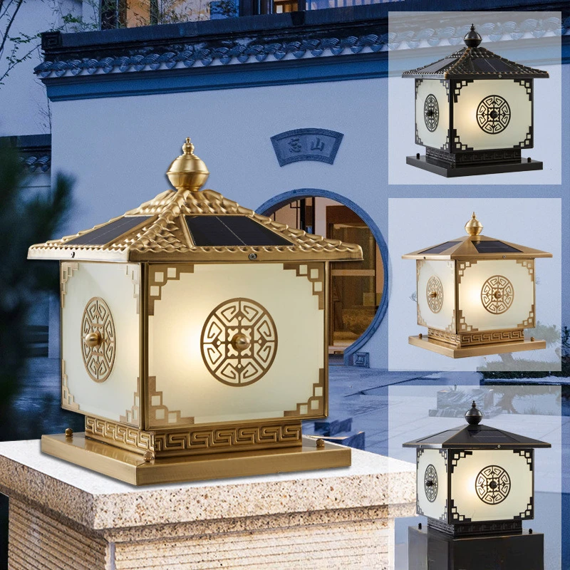 Lampu stigma Cina serba tembaga, lampu taman tenaga surya serbaguna, lampu pilar dinding taman vila tahan air untuk luar ruangan