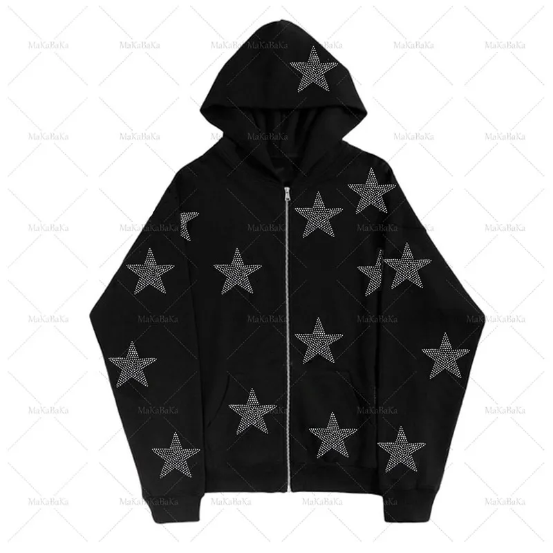 

ZSIIBO Vintage Stars Rhinestone Pattern Oversized Hoodie Ladies Zip Long Sleeve Sweatshirt Y2K Aesthetic Winter Grunge Clothing