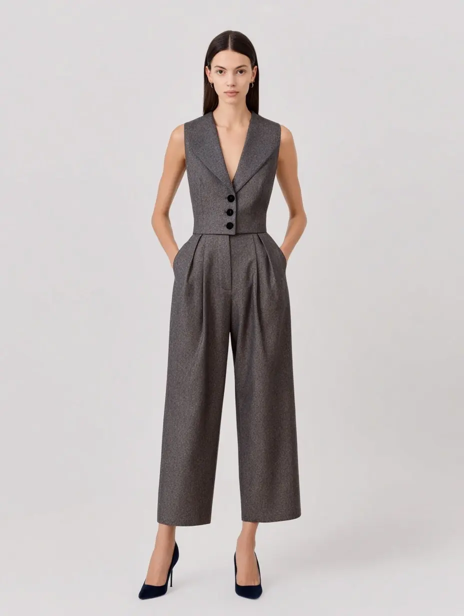 

Mia Muse Women's Sets Autumn Winter 2025 Exquisite Graceful Plain Sleeveless Turn-down Collar Ankle Pants Business Sets