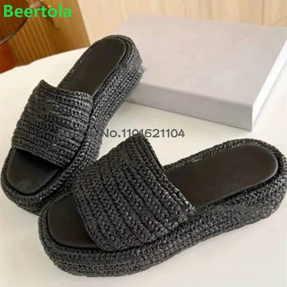 Thick Sole Woven Fabric Luxury Slippers For Female Women 2024 New Round Toe Outside Fashion All-match Runway Elegant Solid Shoes