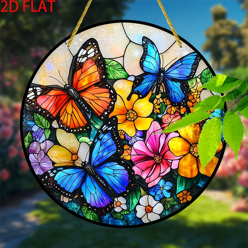 2D Flache, 1-teilige Schmetterlings-Sonnenfänger-Wandskulptur – Lebendiges Blumen- und Schmetterlings-Acryl-Rundschild, 7,87x7,87 Zoll, Art Deco Heimdekoration