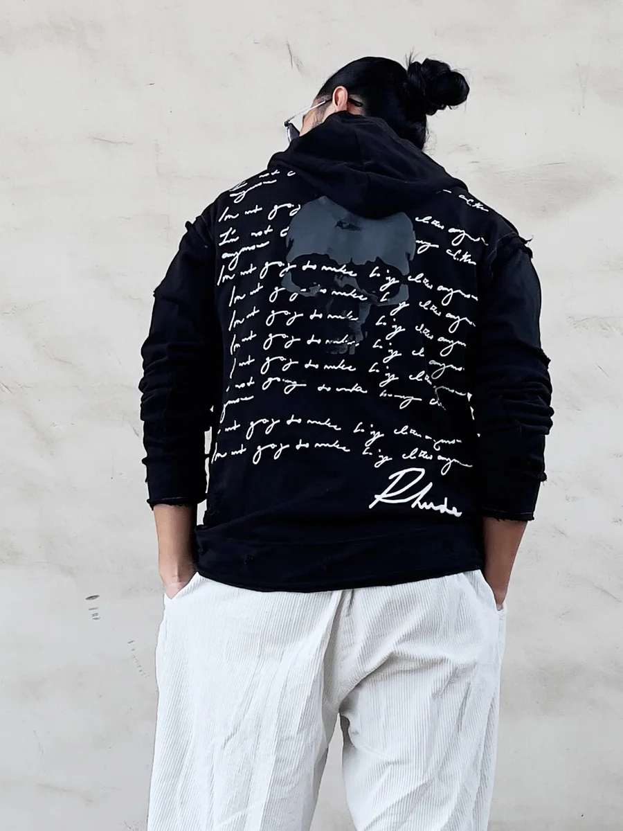 Heavy Metal Skull Handwritten Letter Print Hoodie Casual Loose Fit Cotton Sweatshirt for Teens Spring Autumn Winter Streetwear