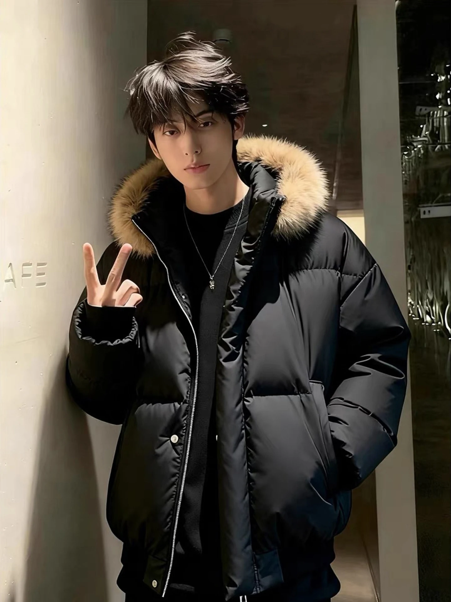 

Cleanfit Bla PU Leather ort Cotton Jaet for Men Detachable Fur Collar Youth Faion Winter Warm Thiened Zipper Closure