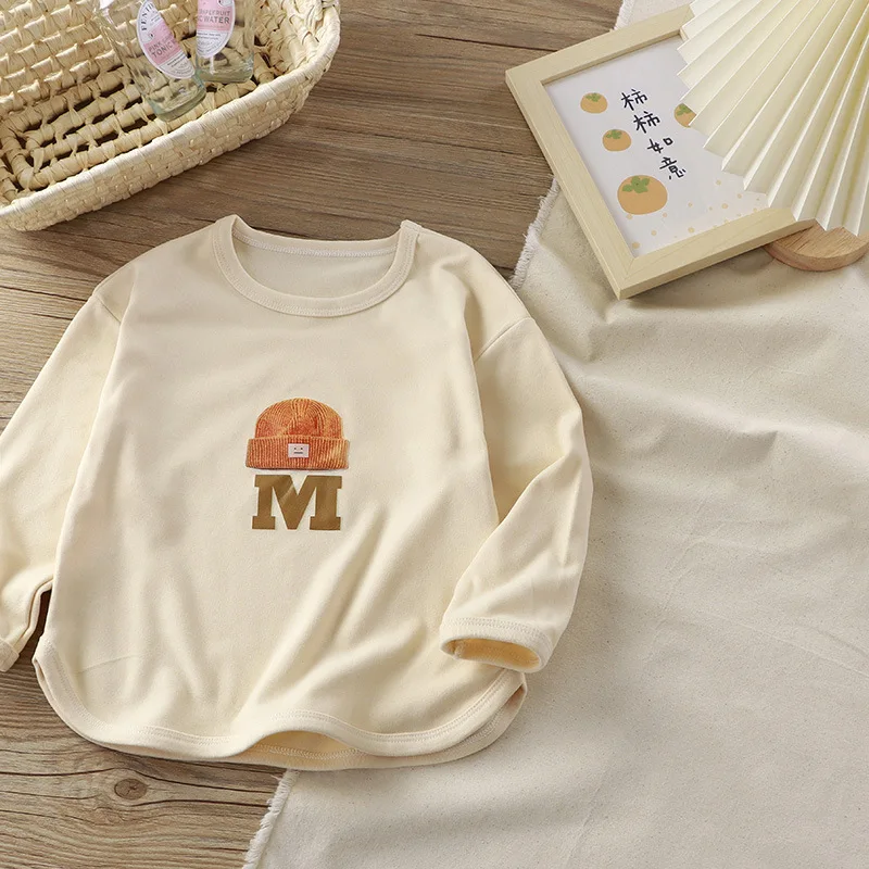 Spring Girls Boys Baby T-shirt Kid 2-6Year Round Neck Long Sleeve T-shirt Hat+Letter M pattern Tops Autumn Children Clothing