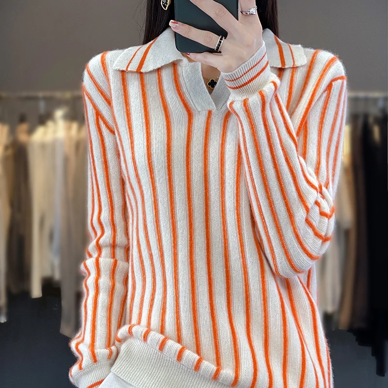 100% Merino Wool Sweater Women\'s Pullover Autumn Winter Most Trend Women\'s Clothing Fashion Classic Striped Knit POLO Neck Top